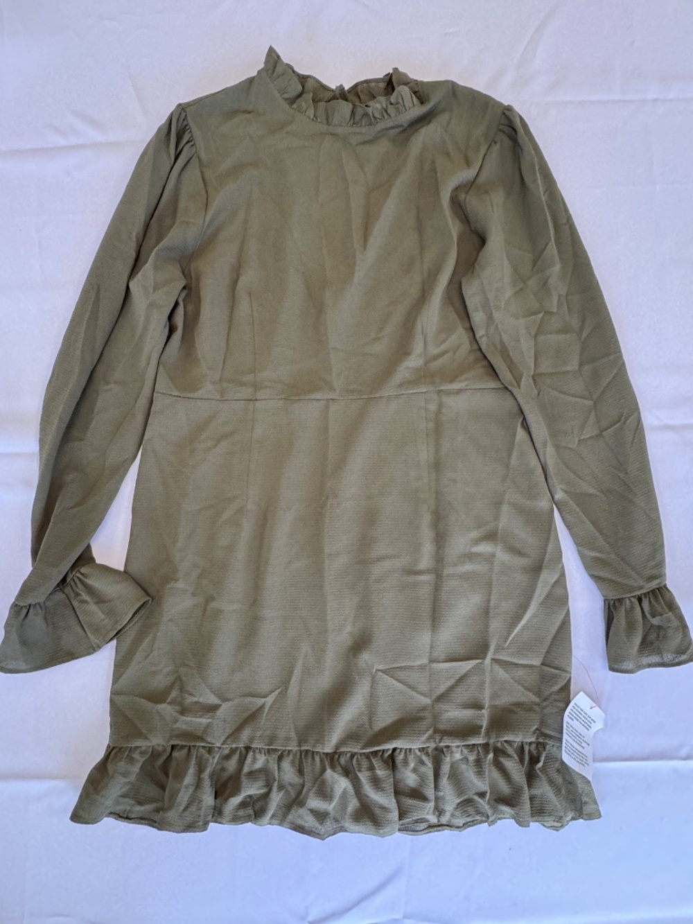 ASOS Olive Green High Neck Long Sleeve Mini Ruffle Dress Size 12 - Picture 2 of 11